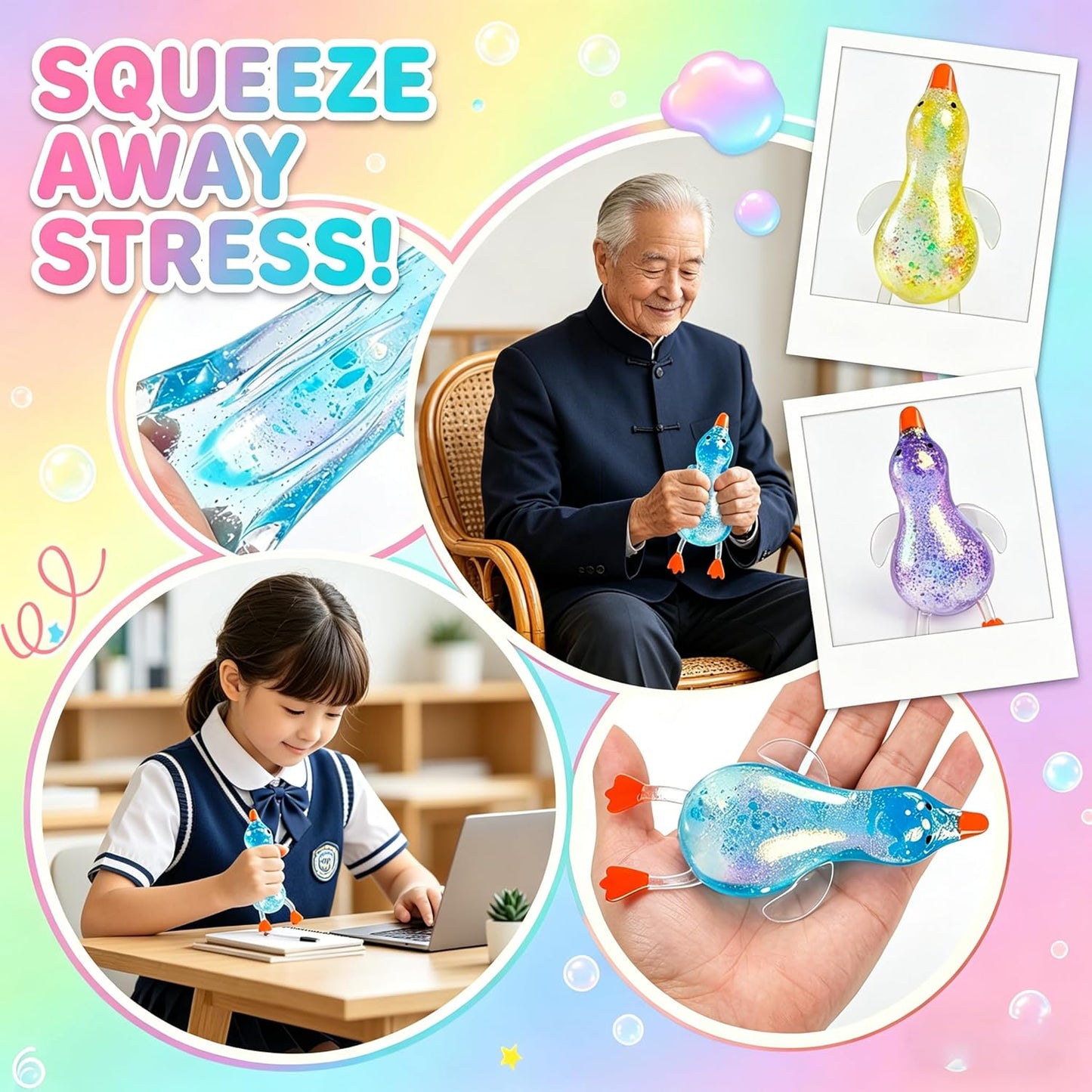 Cute Duck Squishy Sugar Stress Ball,Soft Duck Stress Relief Sugar Ball Toys and Moldable Slow Rise Relaxing Sensory Fidget Stress (Yellow)