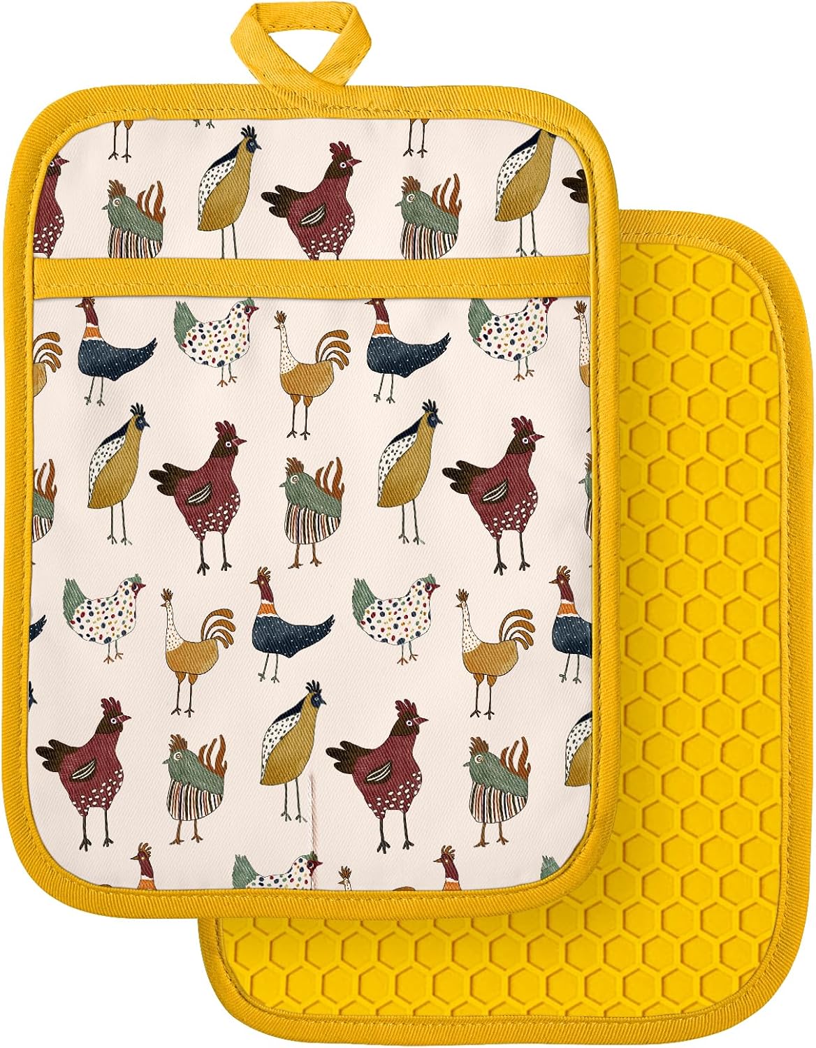 Silcone Chicken Pot Holders for Kitchen - 100% Cotton Yellow Cute Oven Potholders with Pockets, Heat Resistant Square Thick Hot Pads, House New Home Baking Baker Gifts,2pack