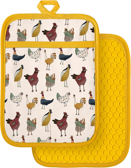 Silcone Chicken Pot Holders for Kitchen - 100% Cotton Yellow Cute Oven Potholders with Pockets, Heat Resistant Square Thick Hot Pads, House New Home Baking Baker Gifts,2pack