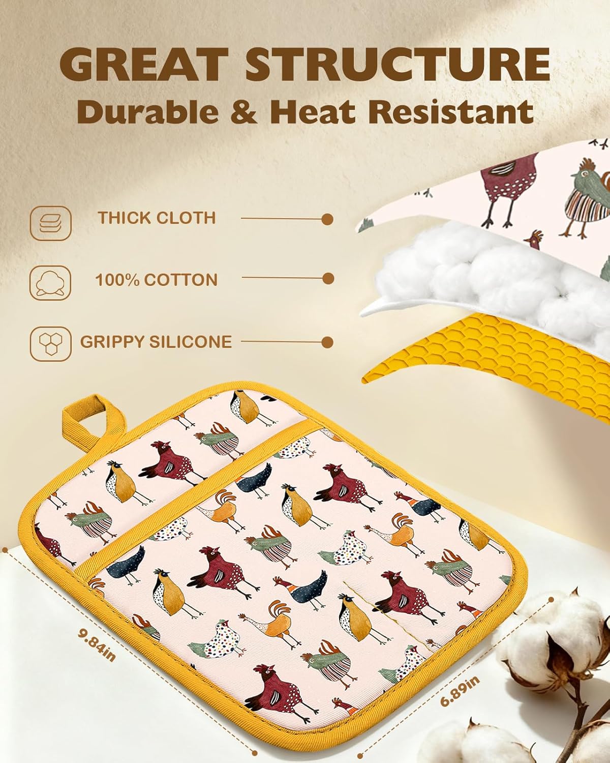 Silcone Chicken Pot Holders for Kitchen - 100% Cotton Yellow Cute Oven Potholders with Pockets, Heat Resistant Square Thick Hot Pads, House New Home Baking Baker Gifts,2pack