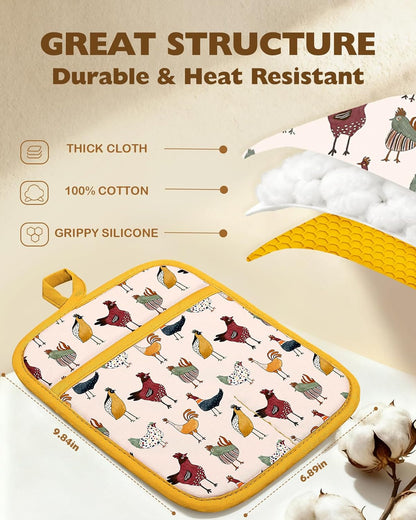 Silcone Chicken Pot Holders for Kitchen - 100% Cotton Yellow Cute Oven Potholders with Pockets, Heat Resistant Square Thick Hot Pads, House New Home Baking Baker Gifts,2pack