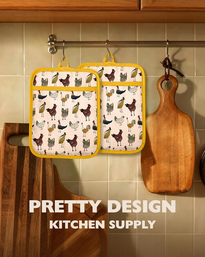 Silcone Chicken Pot Holders for Kitchen - 100% Cotton Yellow Cute Oven Potholders with Pockets, Heat Resistant Square Thick Hot Pads, House New Home Baking Baker Gifts,2pack