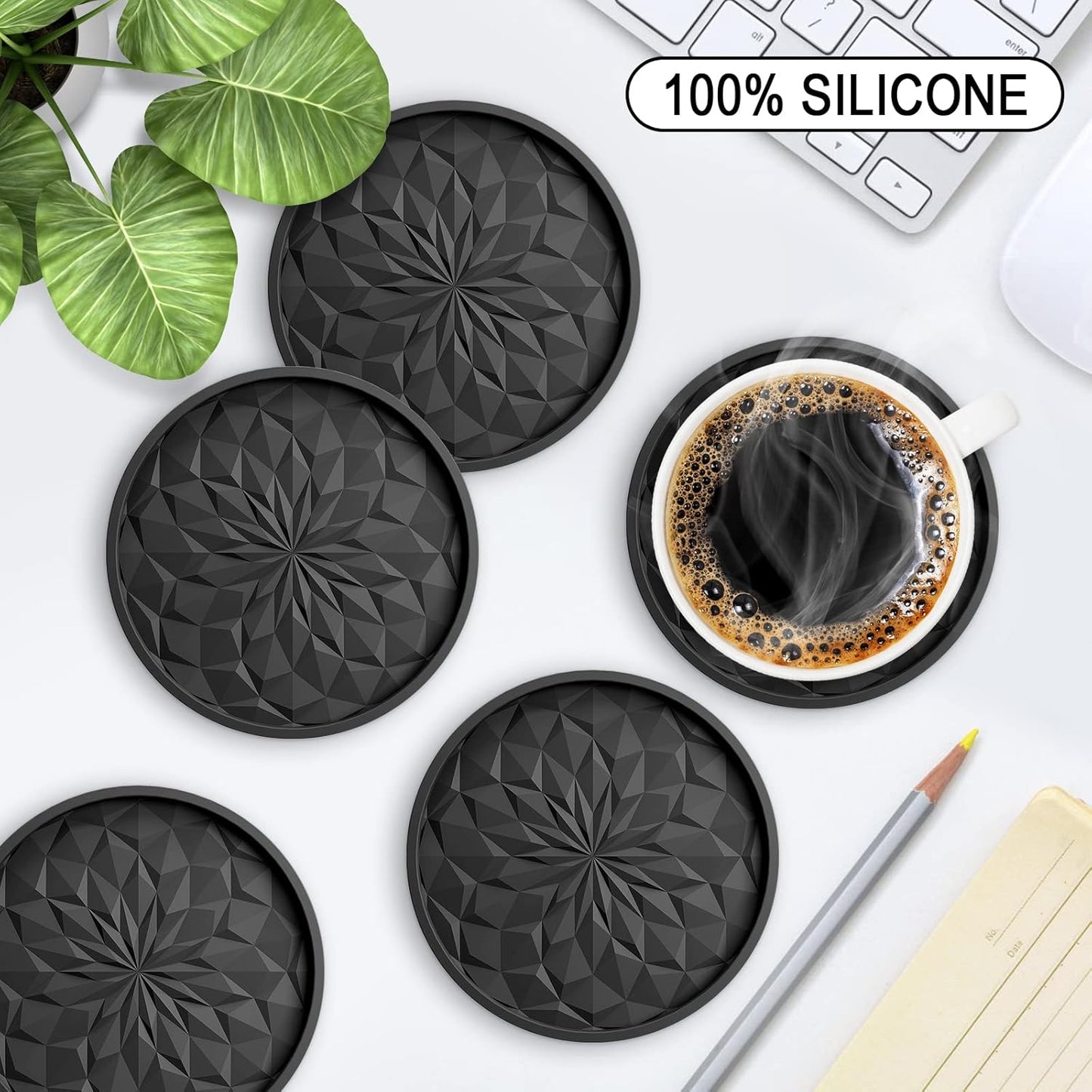 Silicone Coasters with Holder,[6 Pack] Drinking Coasters - Cup Mat for Hot or Cold Drinks, Thickened, Non-Slip, Non-stick,Deep Tray Yellow