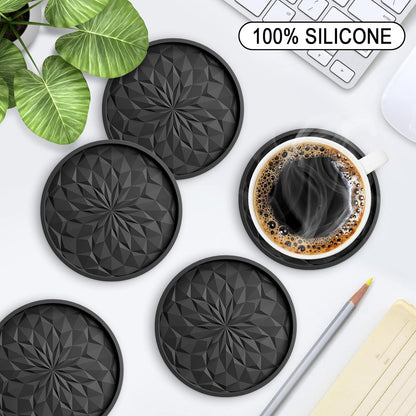 Silicone Coasters with Holder,[6 Pack] Drinking Coasters - Cup Mat for Hot or Cold Drinks, Thickened, Non-Slip, Non-stick,Deep Tray Yellow
