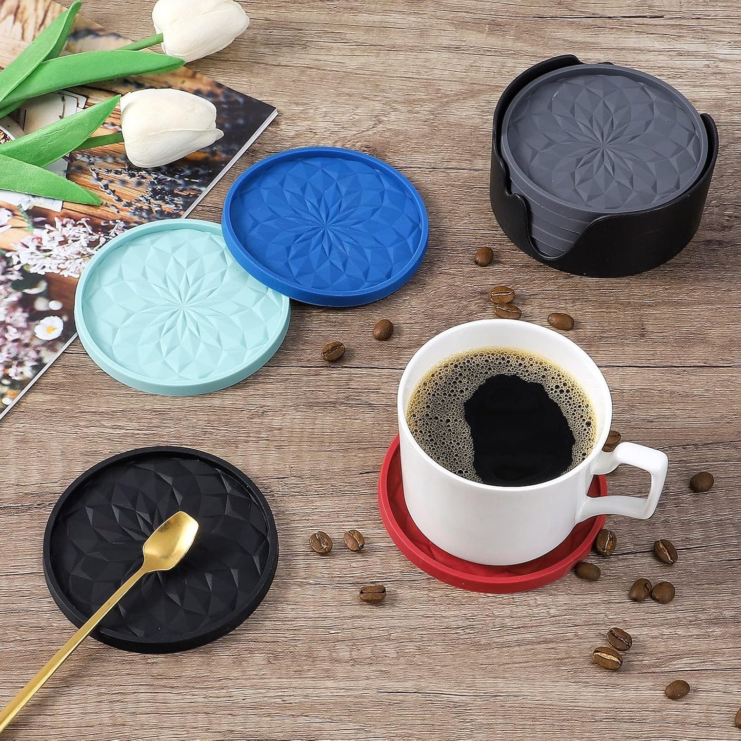 Silicone Coasters with Holder,[6 Pack] Drinking Coasters - Cup Mat for Hot or Cold Drinks, Thickened, Non-Slip, Non-stick,Deep Tray Yellow