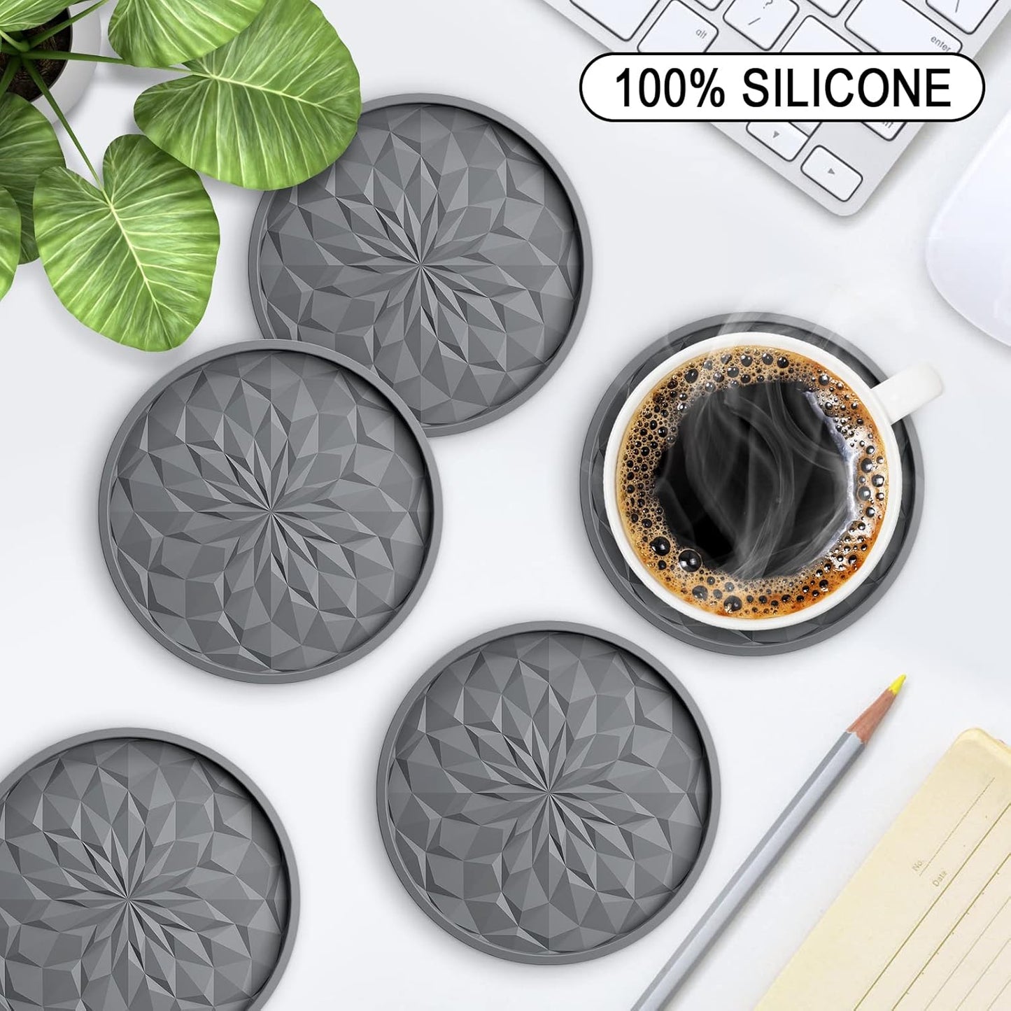Silicone Coasters with Holder,[6 Pack] Drinking Coasters - Cup Mat for Hot or Cold Drinks, Thickened, Non-Slip, Non-stick,Deep Tray Yellow
