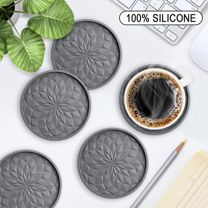Silicone Coasters with Holder,[6 Pack] Drinking Coasters - Cup Mat for Hot or Cold Drinks, Thickened, Non-Slip, Non-stick,Deep Tray Yellow