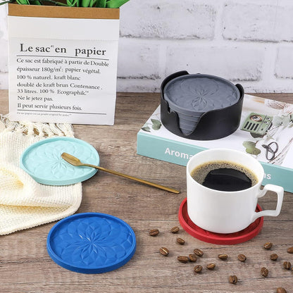 Silicone Coasters with Holder,[6 Pack] Drinking Coasters - Cup Mat for Hot or Cold Drinks, Thickened, Non-Slip, Non-stick,Deep Tray Yellow