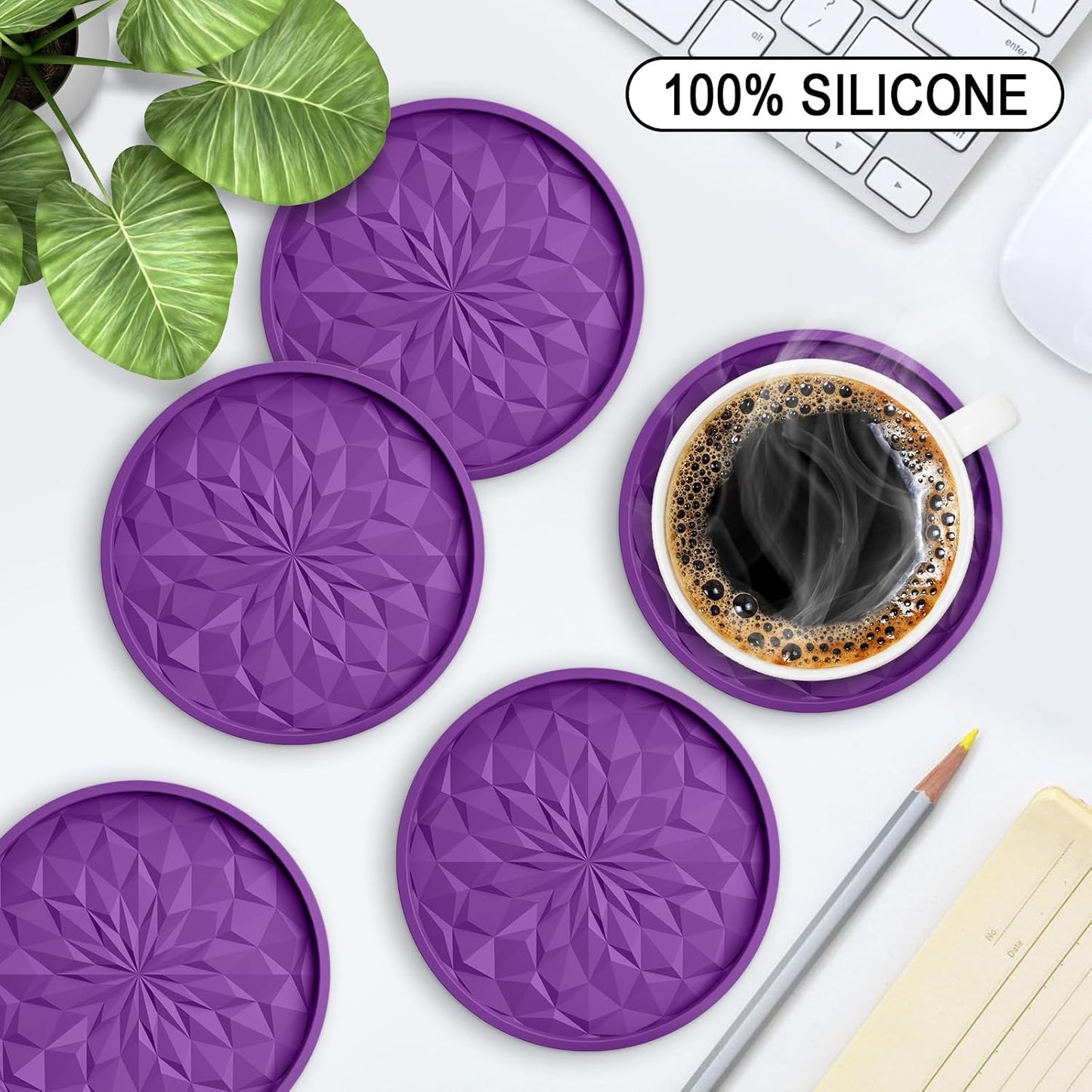 Silicone Coasters with Holder,[6 Pack] Drinking Coasters - Cup Mat for Hot or Cold Drinks, Thickened, Non-Slip, Non-stick,Deep Tray Yellow