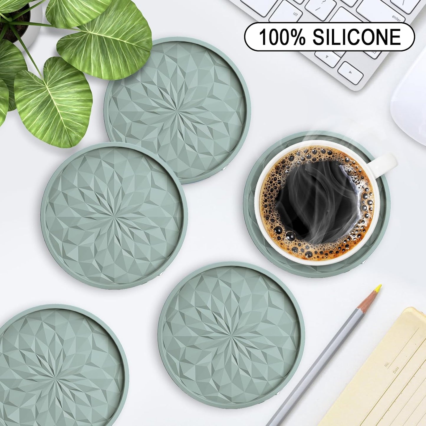 Silicone Coasters with Holder,[6 Pack] Drinking Coasters - Cup Mat for Hot or Cold Drinks, Thickened, Non-Slip, Non-stick,Deep Tray Yellow