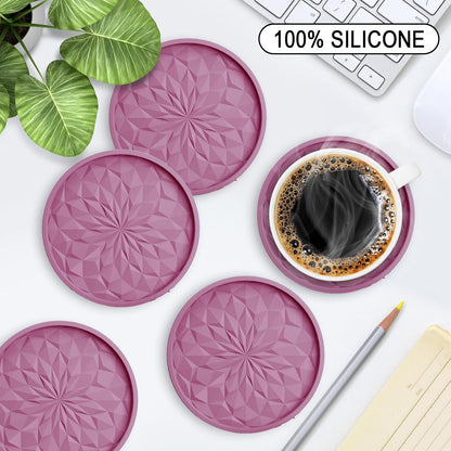 Silicone Coasters with Holder,[6 Pack] Drinking Coasters - Cup Mat for Hot or Cold Drinks, Thickened, Non-Slip, Non-stick,Deep Tray Yellow