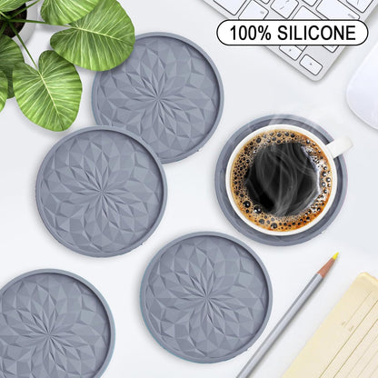 Silicone Coasters with Holder,[6 Pack] Drinking Coasters - Cup Mat for Hot or Cold Drinks, Thickened, Non-Slip, Non-stick,Deep Tray Yellow