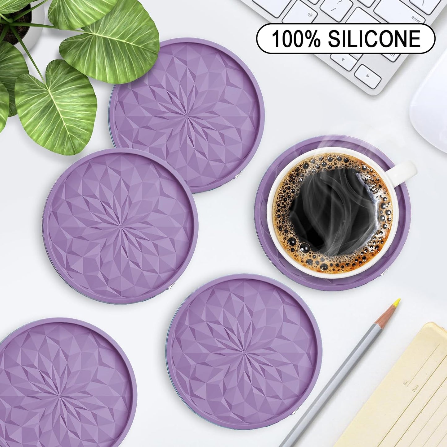Silicone Coasters with Holder,[6 Pack] Drinking Coasters - Cup Mat for Hot or Cold Drinks, Thickened, Non-Slip, Non-stick,Deep Tray Yellow