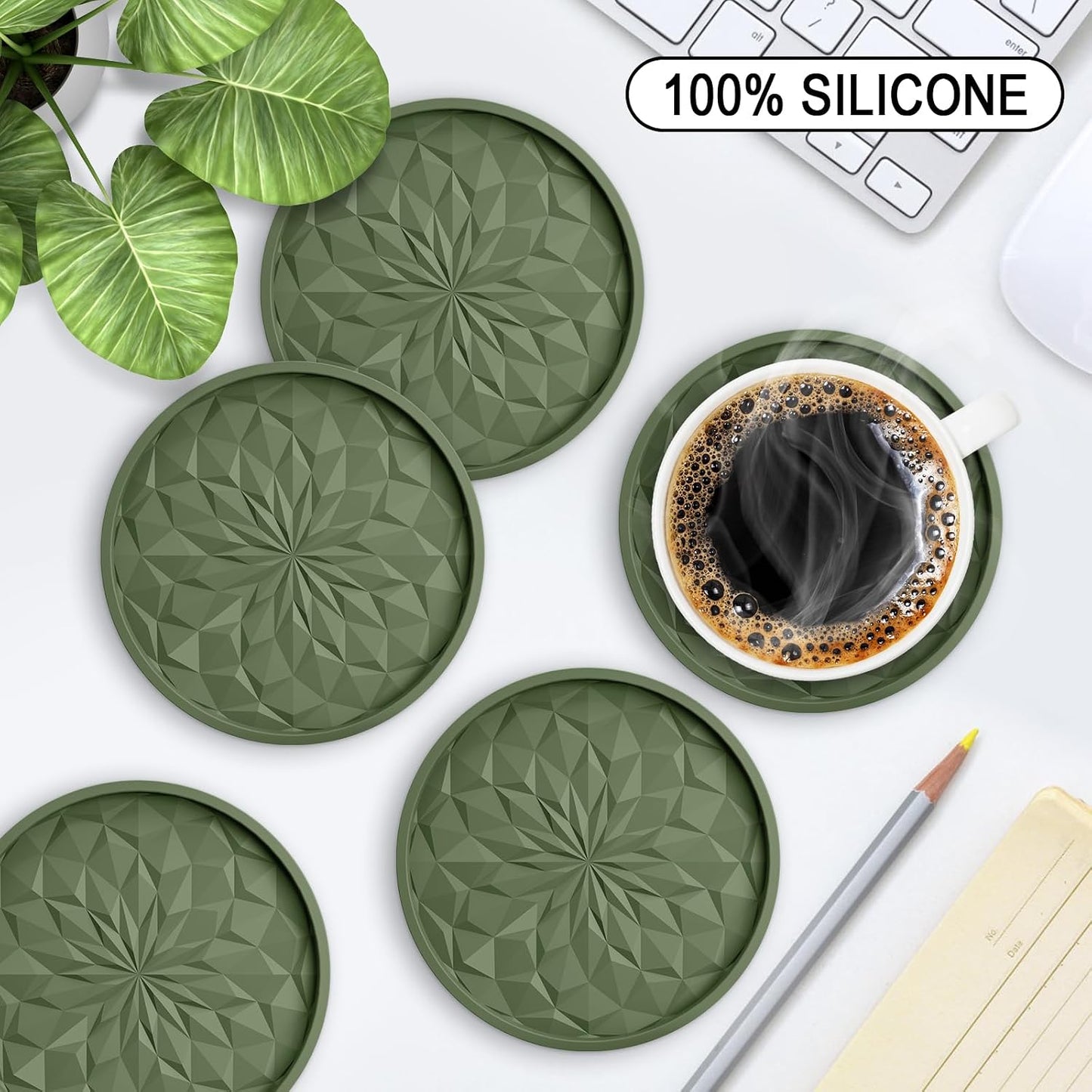 Silicone Coasters with Holder,[6 Pack] Drinking Coasters - Cup Mat for Hot or Cold Drinks, Thickened, Non-Slip, Non-stick,Deep Tray Yellow