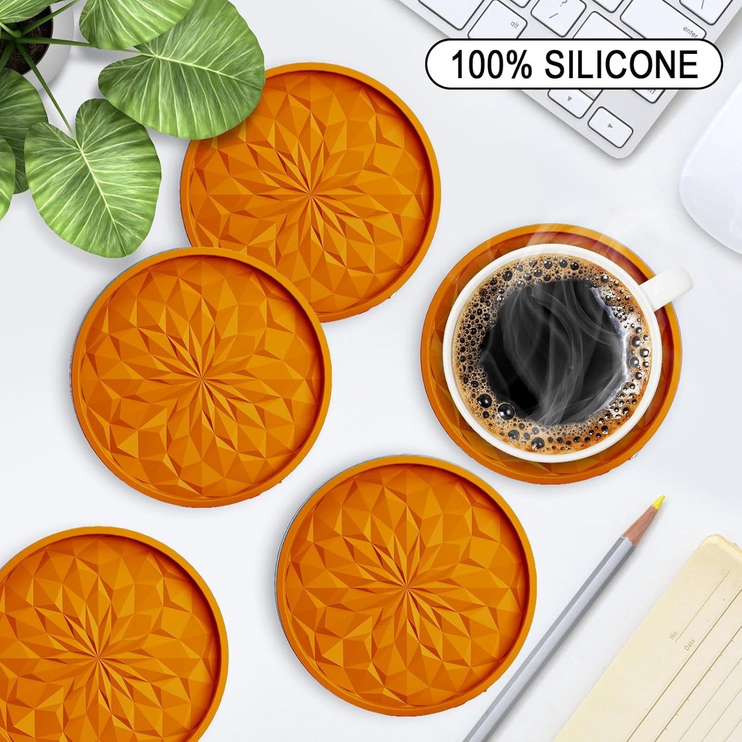 Silicone Coasters with Holder,[6 Pack] Drinking Coasters - Cup Mat for Hot or Cold Drinks, Thickened, Non-Slip, Non-stick,Deep Tray Yellow