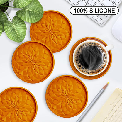 Silicone Coasters with Holder,[6 Pack] Drinking Coasters - Cup Mat for Hot or Cold Drinks, Thickened, Non-Slip, Non-stick,Deep Tray Yellow