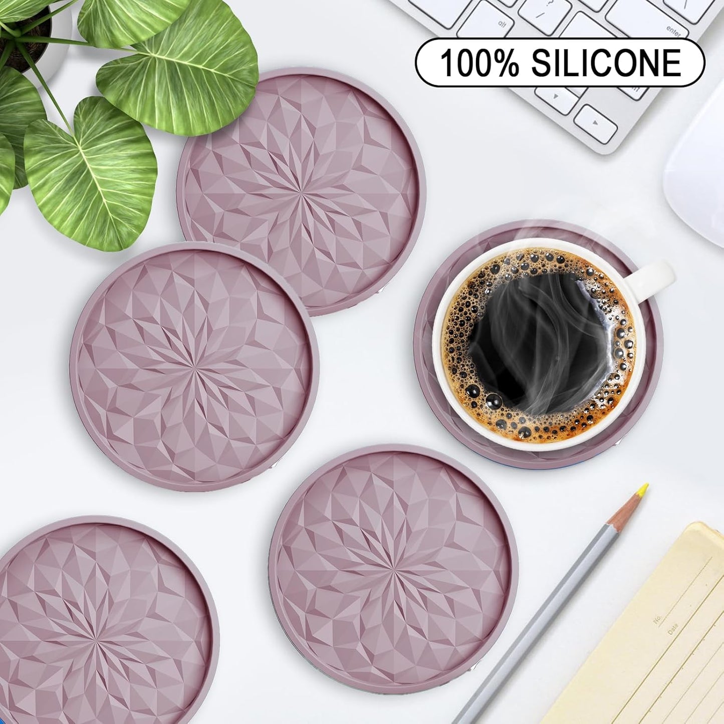 Silicone Coasters with Holder,[6 Pack] Drinking Coasters - Cup Mat for Hot or Cold Drinks, Thickened, Non-Slip, Non-stick,Deep Tray Yellow