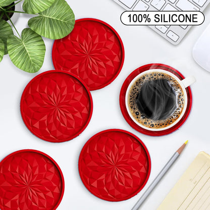 Silicone Coasters with Holder,[6 Pack] Drinking Coasters - Cup Mat for Hot or Cold Drinks, Thickened, Non-Slip, Non-stick,Deep Tray Yellow