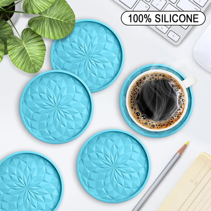 Silicone Coasters with Holder,[6 Pack] Drinking Coasters - Cup Mat for Hot or Cold Drinks, Thickened, Non-Slip, Non-stick,Deep Tray Yellow