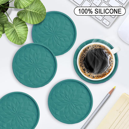 Silicone Coasters with Holder,[6 Pack] Drinking Coasters - Cup Mat for Hot or Cold Drinks, Thickened, Non-Slip, Non-stick,Deep Tray Yellow