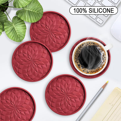 Silicone Coasters with Holder,[6 Pack] Drinking Coasters - Cup Mat for Hot or Cold Drinks, Thickened, Non-Slip, Non-stick,Deep Tray Yellow