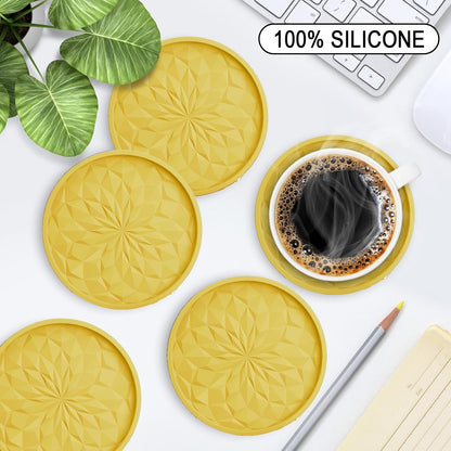 Silicone Coasters with Holder,[6 Pack] Drinking Coasters - Cup Mat for Hot or Cold Drinks, Thickened, Non-Slip, Non-stick,Deep Tray Yellow