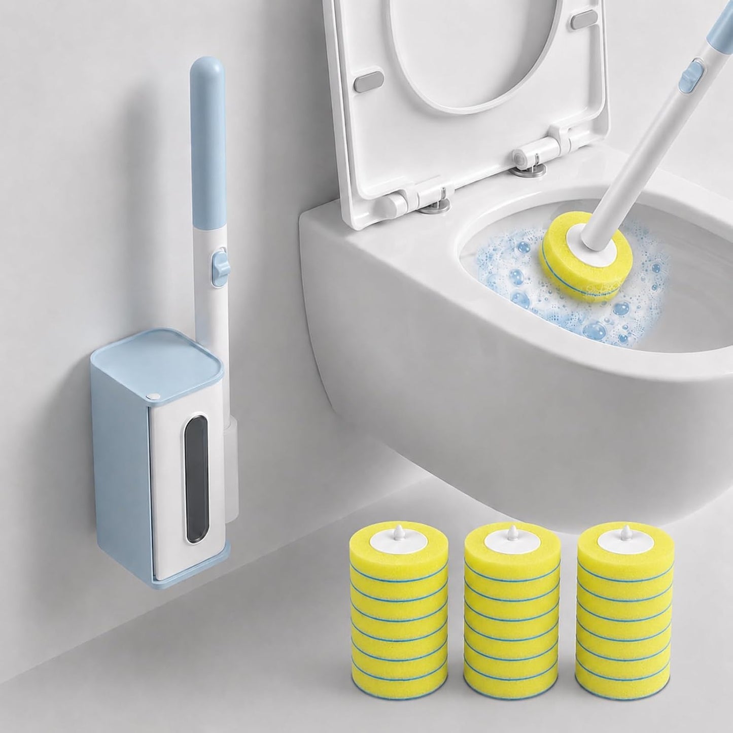 Disposable Toilet Brush, Wall-Mounted Holder Set, 24 Toilet Wand Refills | Hands Free Toilet Brush, 1 Wand + 1 Holder + 24 Yellow Refills, Bathroom Cleaning for Small Bathroom RV, Light Lemon Scent