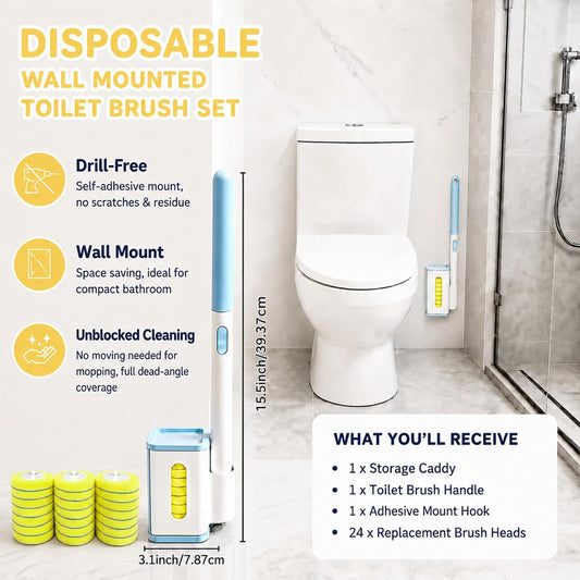 Disposable Toilet Brush, Wall-Mounted Holder Set, 24 Toilet Wand Refills | Hands Free Toilet Brush, 1 Wand + 1 Holder + 24 Yellow Refills, Bathroom Cleaning for Small Bathroom RV, Light Lemon Scent