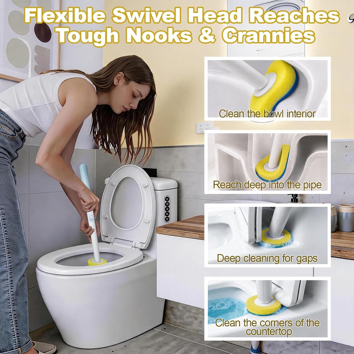 Disposable Toilet Brush, Wall-Mounted Holder Set, 24 Toilet Wand Refills | Hands Free Toilet Brush, 1 Wand + 1 Holder + 24 Yellow Refills, Bathroom Cleaning for Small Bathroom RV, Light Lemon Scent