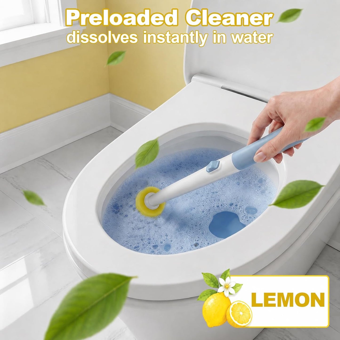 Disposable Toilet Brush, Wall-Mounted Holder Set, 24 Toilet Wand Refills | Hands Free Toilet Brush, 1 Wand + 1 Holder + 24 Yellow Refills, Bathroom Cleaning for Small Bathroom RV, Light Lemon Scent