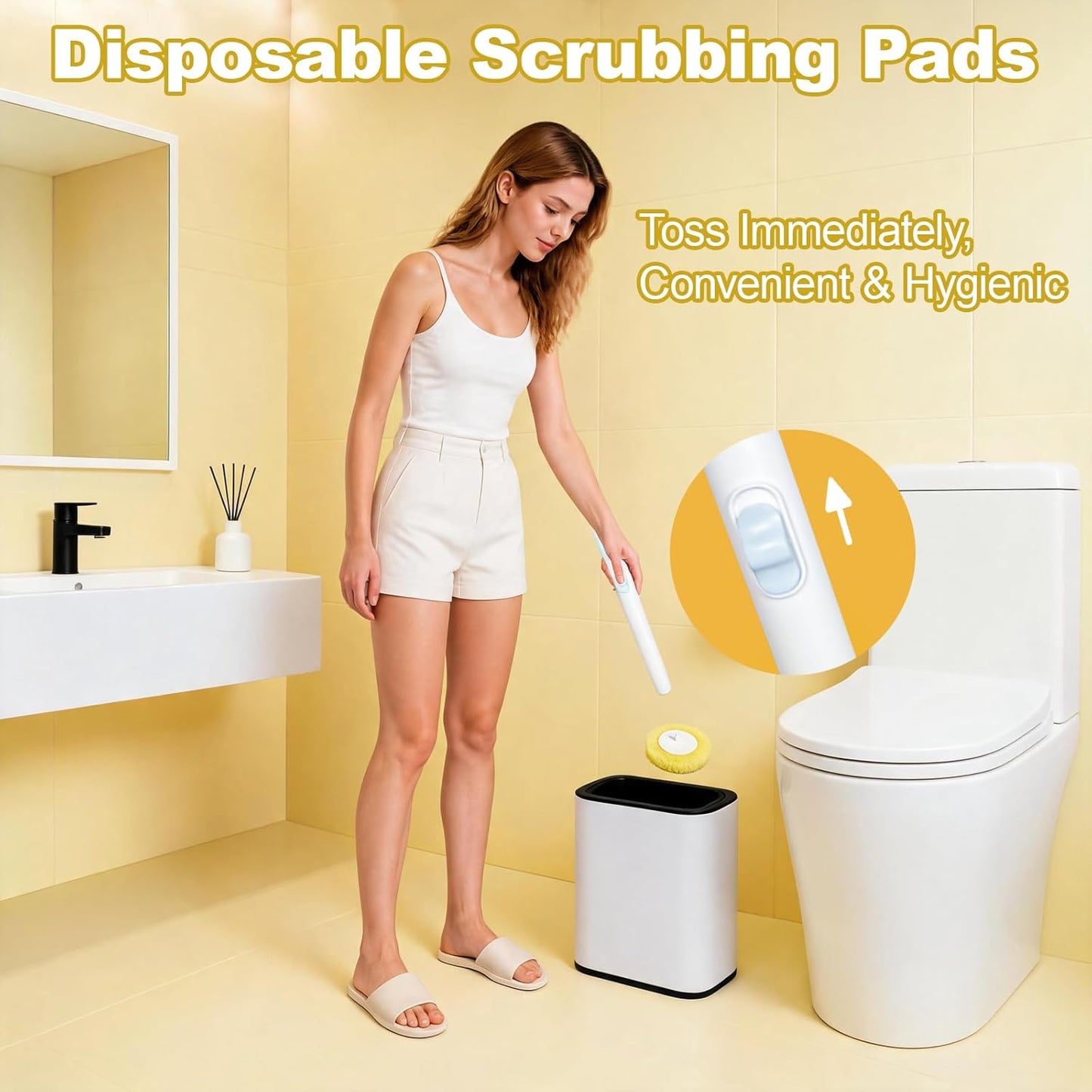 Disposable Toilet Brush, Wall-Mounted Holder Set, 24 Toilet Wand Refills | Hands Free Toilet Brush, 1 Wand + 1 Holder + 24 Yellow Refills, Bathroom Cleaning for Small Bathroom RV, Light Lemon Scent