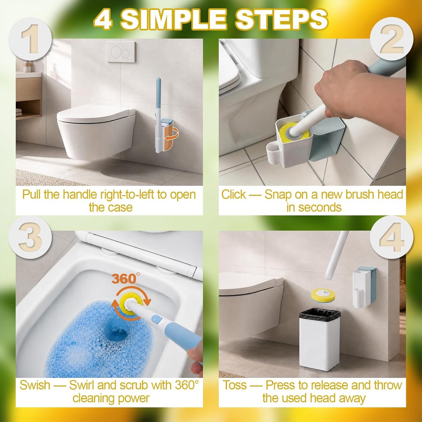 Disposable Toilet Brush, Wall-Mounted Holder Set, 24 Toilet Wand Refills | Hands Free Toilet Brush, 1 Wand + 1 Holder + 24 Yellow Refills, Bathroom Cleaning for Small Bathroom RV, Light Lemon Scent