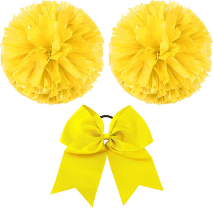 3 Pcs Cheerleading Pom Poms and Large Cheerleader Hair Bow Metallic Cheer Supplies for Team Spirit Sports Dance Cheering