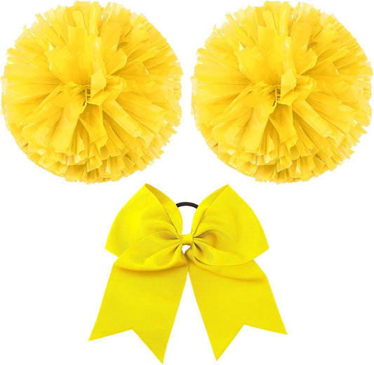 3 Pcs Cheerleading Pom Poms and Large Cheerleader Hair Bow Metallic Cheer Supplies for Team Spirit Sports Dance Cheering
