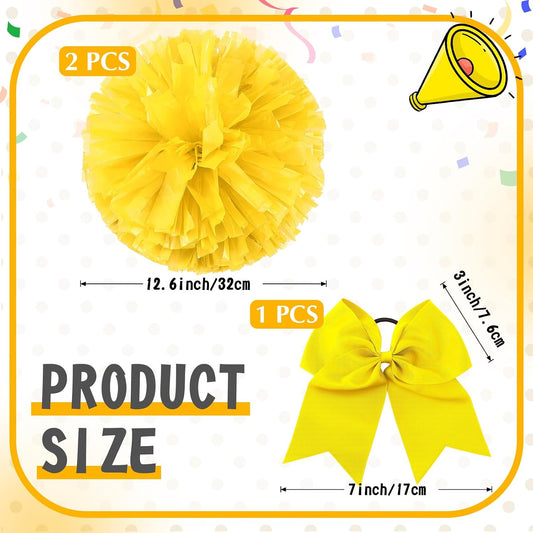3 Pcs Cheerleading Pom Poms and Large Cheerleader Hair Bow Metallic Cheer Supplies for Team Spirit Sports Dance Cheering