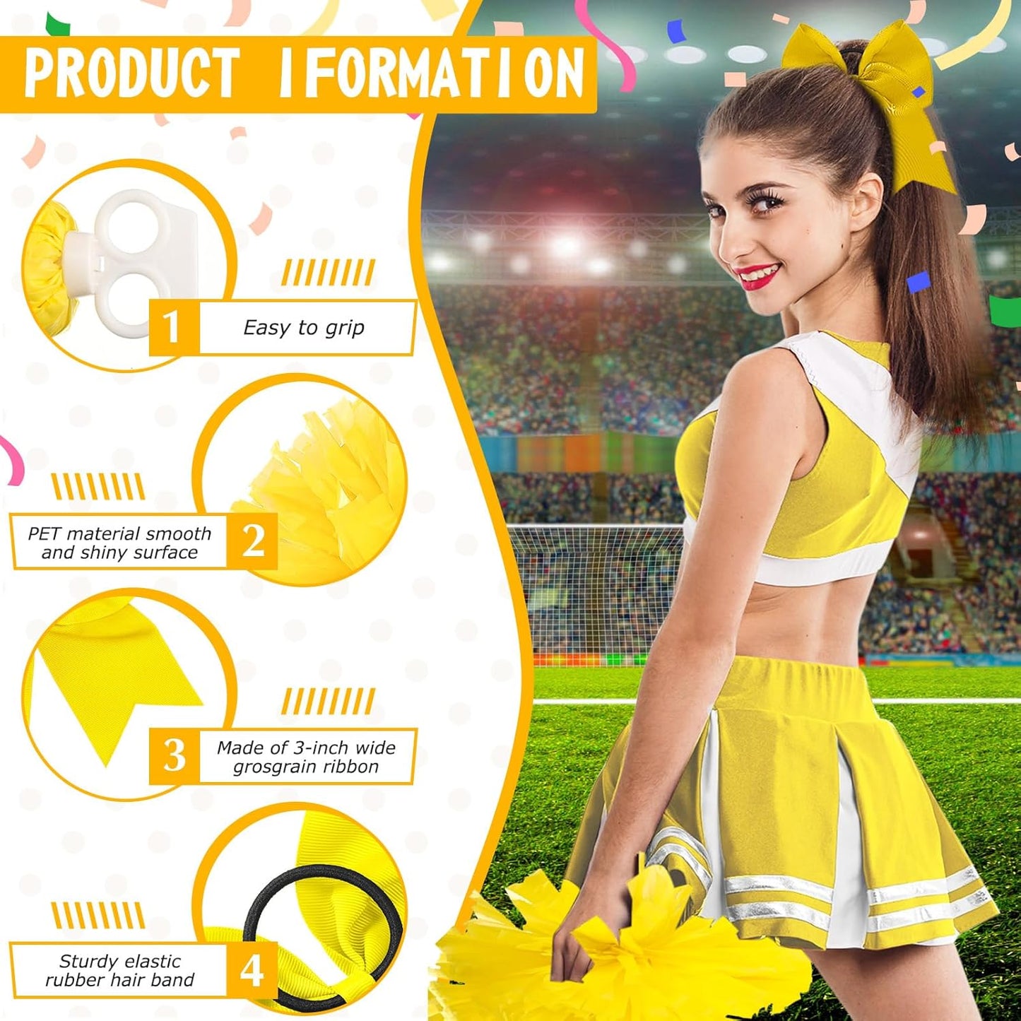 3 Pcs Cheerleading Pom Poms and Large Cheerleader Hair Bow Metallic Cheer Supplies for Team Spirit Sports Dance Cheering