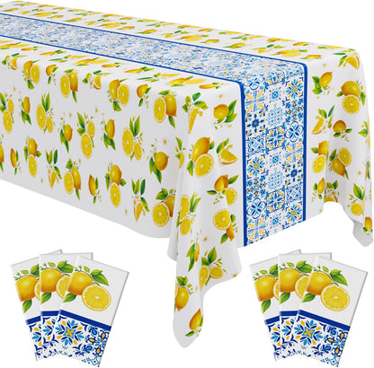 6 Pcs Lemon Theme Tablecloth Birthday Party Supplies Decoration 54 x 108 Inch Fruit Tablecloths Summer Yellow Mediterranean Lemon Pattern Disposable Oil Proof Summer Table Cloth for Party