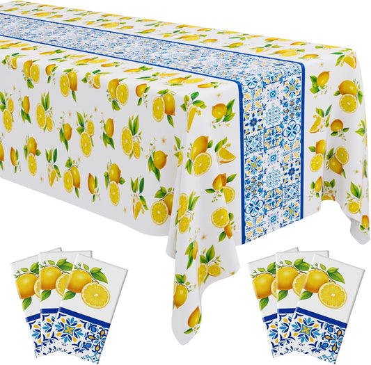 6 Pcs Lemon Theme Tablecloth Birthday Party Supplies Decoration 54 x 108 Inch Fruit Tablecloths Summer Yellow Mediterranean Lemon Pattern Disposable Oil Proof Summer Table Cloth for Party