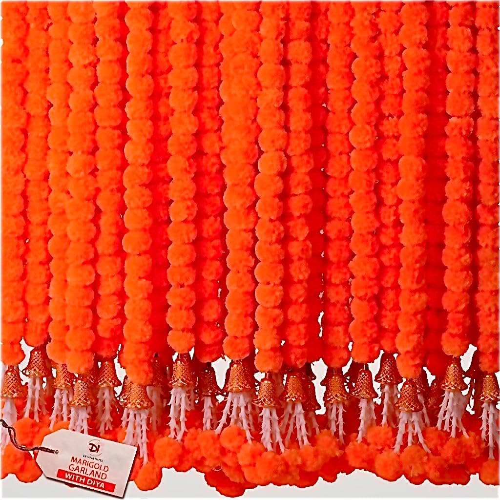 Marigold Garland for Decoration 5 Pcs of 5 feet Long Strands Artificial Marigold Flowers with Bell, Indian Décor for Pooja/Diwali/Wedding/Christmas (Yellow)