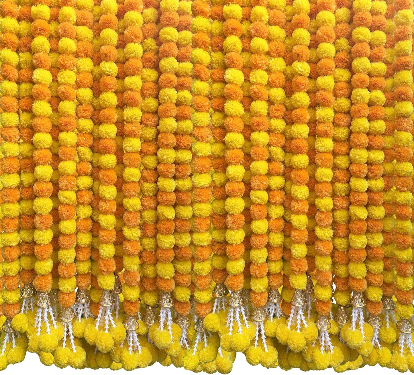 Marigold Garland for Decoration 5 Pcs of 5 feet Long Strands Artificial Marigold Flowers with Bell, Indian Décor for Pooja/Diwali/Wedding/Christmas (Yellow)