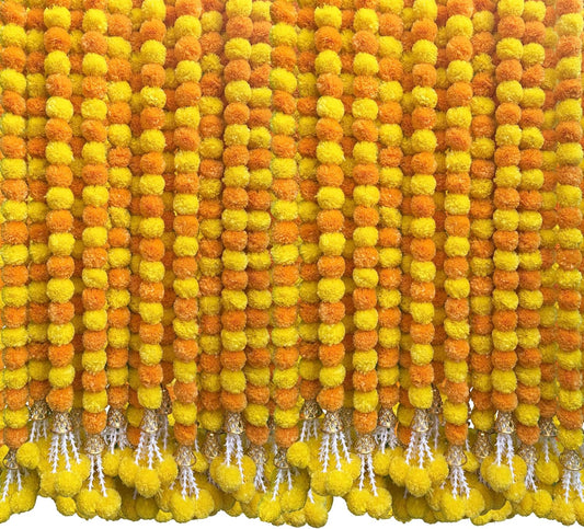 Marigold Garland for Decoration 5 Pcs of 5 feet Long Strands Artificial Marigold Flowers with Bell, Indian Décor for Pooja/Diwali/Wedding/Christmas (Yellow)