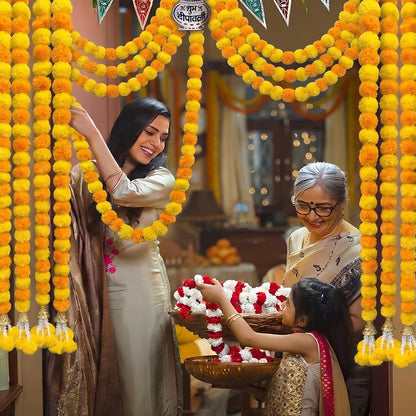 Marigold Garland for Decoration 5 Pcs of 5 feet Long Strands Artificial Marigold Flowers with Bell, Indian Décor for Pooja/Diwali/Wedding/Christmas (Yellow)