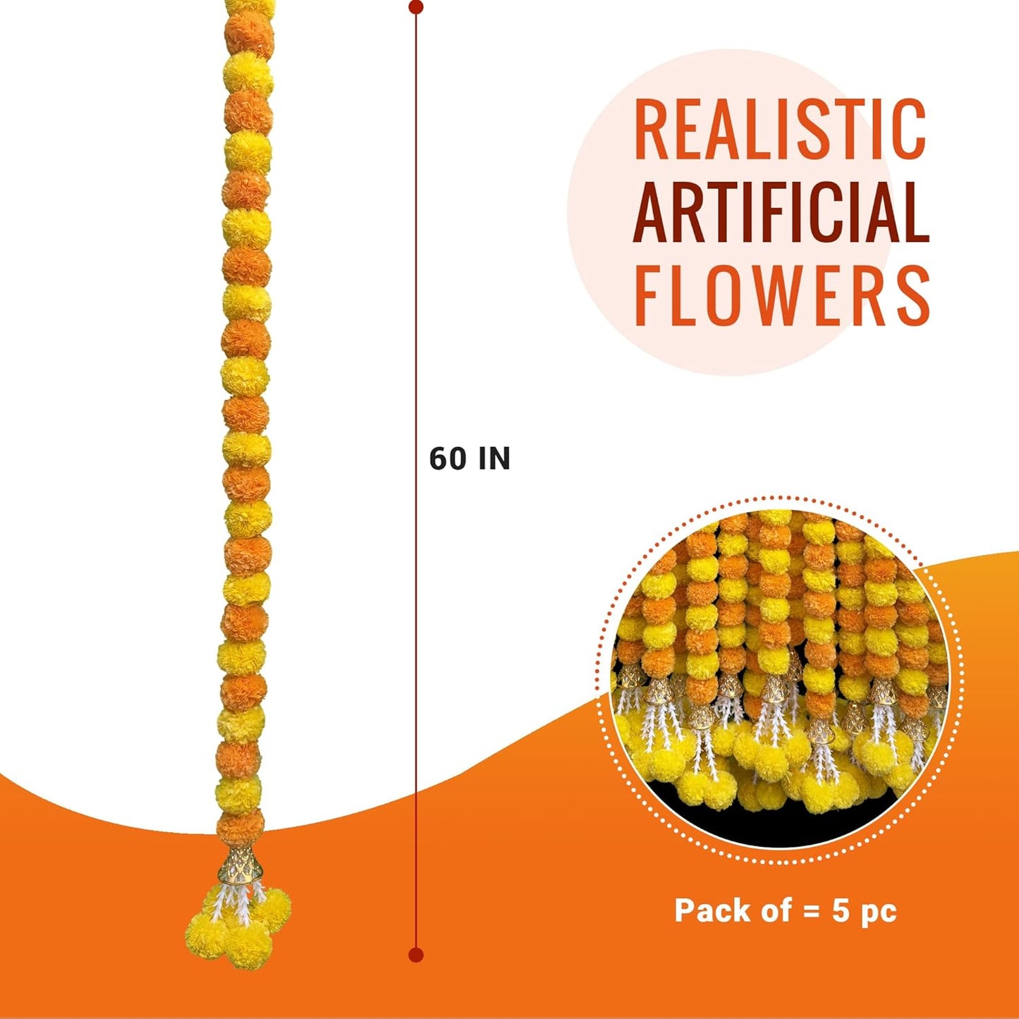 Marigold Garland for Decoration 5 Pcs of 5 feet Long Strands Artificial Marigold Flowers with Bell, Indian Décor for Pooja/Diwali/Wedding/Christmas (Yellow)