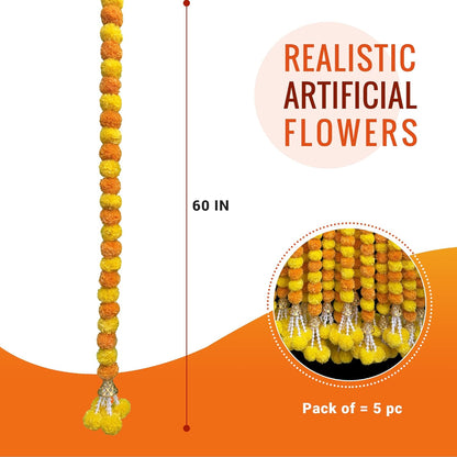 Marigold Garland for Decoration 5 Pcs of 5 feet Long Strands Artificial Marigold Flowers with Bell, Indian Décor for Pooja/Diwali/Wedding/Christmas (Yellow)