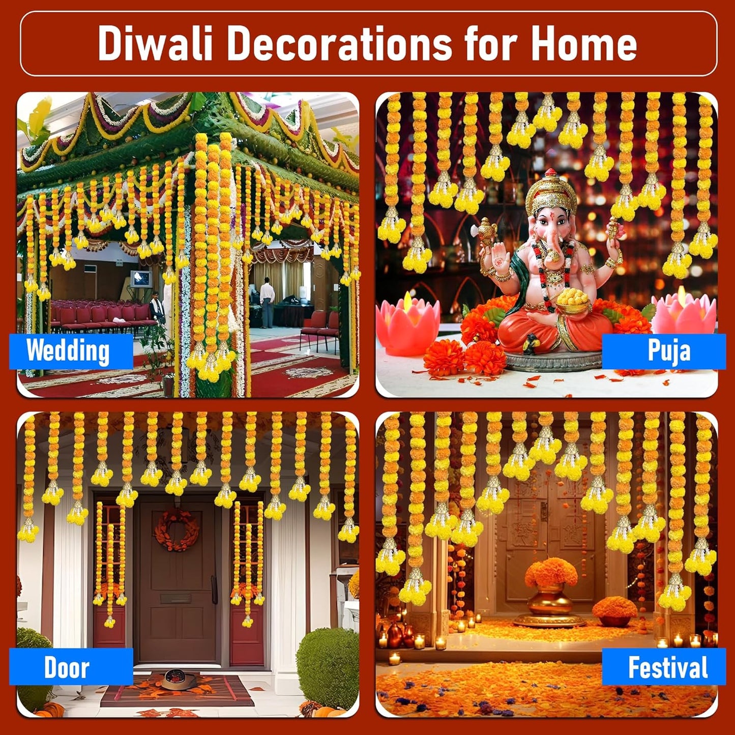 Marigold Garland for Decoration 5 Pcs of 5 feet Long Strands Artificial Marigold Flowers with Bell, Indian Décor for Pooja/Diwali/Wedding/Christmas (Yellow)