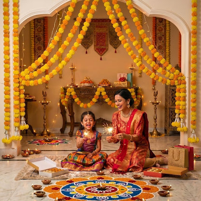 Marigold Garland for Decoration 5 Pcs of 5 feet Long Strands Artificial Marigold Flowers with Bell, Indian Décor for Pooja/Diwali/Wedding/Christmas (Yellow)