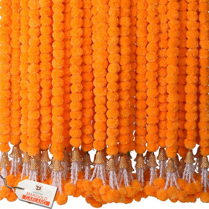Marigold Garland for Decoration 5 Pcs of 5 feet Long Strands Artificial Marigold Flowers with Bell, Indian Décor for Pooja/Diwali/Wedding/Christmas (Yellow)