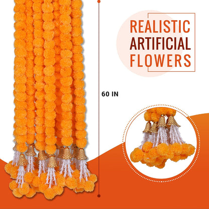 Marigold Garland for Decoration 5 Pcs of 5 feet Long Strands Artificial Marigold Flowers with Bell, Indian Décor for Pooja/Diwali/Wedding/Christmas (Yellow)