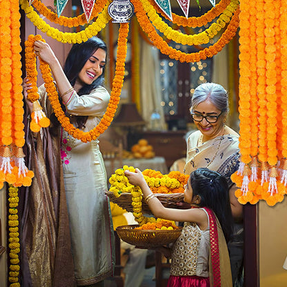 Marigold Garland for Decoration 5 Pcs of 5 feet Long Strands Artificial Marigold Flowers with Bell, Indian Décor for Pooja/Diwali/Wedding/Christmas (Yellow)