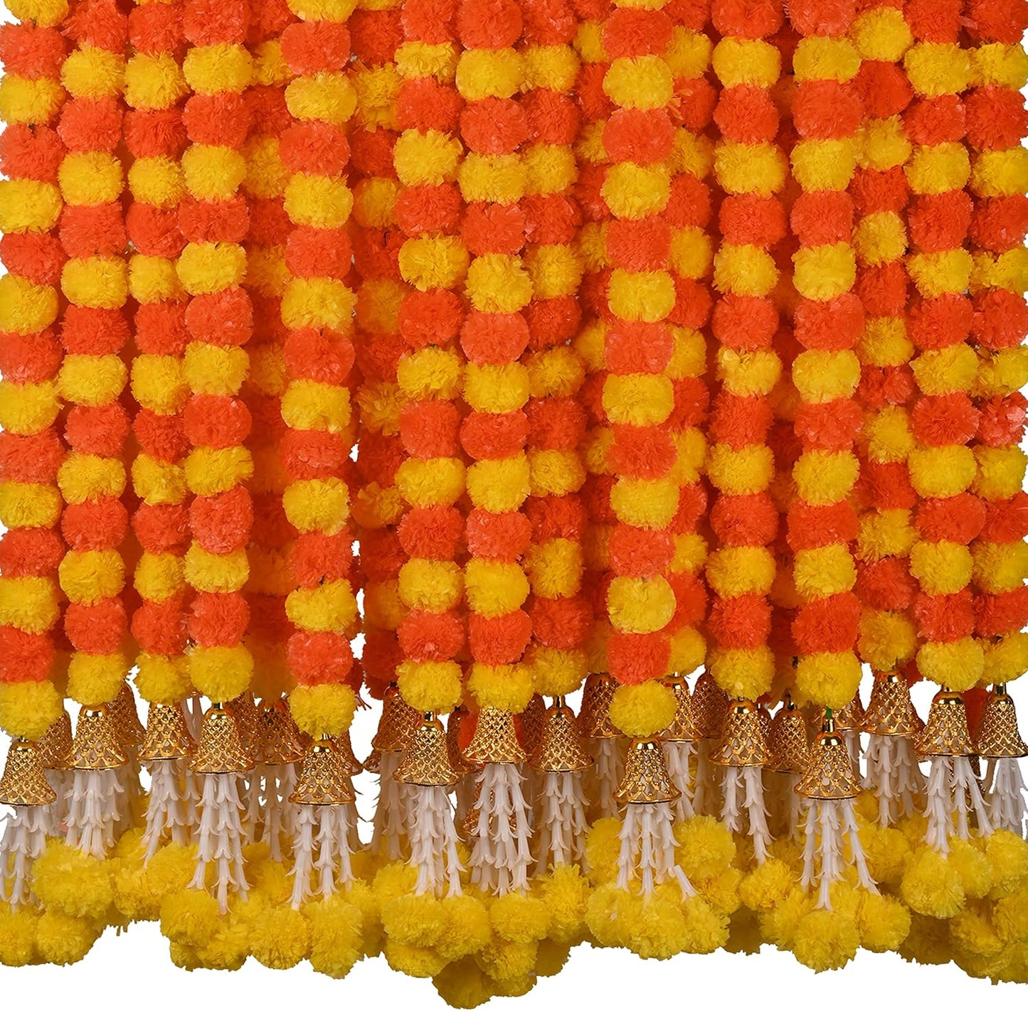 Marigold Garland for Decoration 5 Pcs of 5 feet Long Strands Artificial Marigold Flowers with Bell, Indian Décor for Pooja/Diwali/Wedding/Christmas (Yellow)